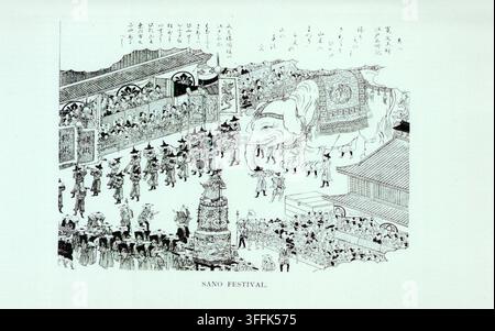 Kunst und Kultur Japans. Sano-Fest. 1904 Diese detaillierte Holzschnitt-Illustration mit dem Titel Sano-Fest präsentiert eine lebendige visuelle Dokumentation eines der großen öffentlichen Spektakel Japans, die aus der Edo-Zeit stammen. Das Sano-Fest, das wahrscheinlich mit dem Sano-Schrein in der Präfektur Tochigi verbunden ist oder mit der traditionellen Matsuri-Kultur, wird hier in seiner vollen zeremoniellen Pracht dargestellt – mit Umzügen, Musikensembles, dekorativen Festwagen und theatralischer Inszenierung. Die Szene wird von einem kolossalen, aufwendig geschmückten Elefantenabbild dominiert, einem exotischen und symbolischen Mittelpunkt, der dazu gedacht ist, Vorstellu Stockfoto