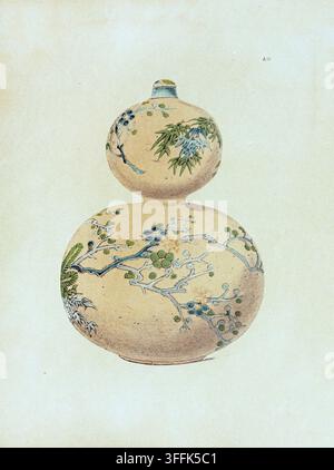 Die Kunst Japans. Flasche aus Awata-Keramik. 1889 Dieses elegante Gefäß, das in der traditionellen Hyōtan- oder Kürbisform gestaltet ist, stellt ein verfeinertes Beispiel für Awata-Keramik dar – Keramiken aus der Region Kyoto, die seit dem 17. Jahrhundert blühten. Bekannt für ihre zarte Modellierung, subtile Glasur und exquisite Überglasur-Emaillendekoration, wurden Awata-Keramikgegenstände während der Edo-Zeit sowohl im In- als auch im Ausland hoch geschätzt. Die Flasche zeigt eine erdige, warme Beige-Basisglasur, die natürliche Tontöne evoziert, und verfügt über feine polychrome Designs, die blühende Äste, Bambusblätter und fruchtende Spray darstellen, poss Stockfoto