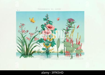Vintage japanische Illustration mit dem Titel "Japanische Blumen und Schmetterlinge". Sie zeigt eine beeindruckende botanische Szene mit blühenden Blumen, die aus einer flachen reflektierenden Wasseroberfläche emergieren. Verschiedene Pflanzenarten, darunter hohe Schwertlilien, üppige Hibisken und Wasserpflanzen, sind in einer ausgewogenen und dennoch natürlichen Komposition angeordnet. Schmetterlinge und ein kleiner Vogel oder eine Libelle flattern zwischen den Blüten und betonen die Harmonie zwischen Flora und Fauna in der japanischen dekorativen Kunst. Der sanfte Farbverlauf im Hintergrund – von hellblauem Himmel zu Wasserreflexionen – verleiht Tiefe und Ruhe und unterstreicht die insgesamt poetische und o Stockfoto