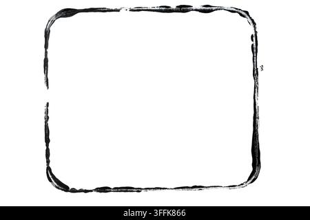 Quadratischer Grunge-Rahmen mit abgerundeten Kanten, schwarze Tinte auf weißem Hintergrund Stockfoto