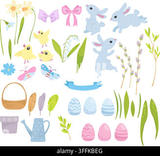 Frohes Ostern Vektor-Set. Niedliche blaue Hasen und Hühner, Ostereier, Eier, Gießkanne, Korb, Weide, Federn und Blumen. Handgezeichneter flacher Cartoon Stock Vektor