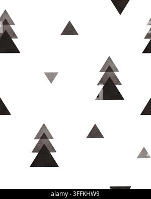 Nahtloses minimales geometrisches Muster mit Weihnachtsbaum. Endloser Hintergrund im skandinavischen Stil mit Dreieck. Stilisierte Fichte in Aquarell Stockfoto