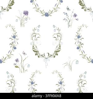 Nahtloses Aquarellmuster mit weichem Glockenblumenfeld. Botanisches Wiederholungsdesign mit Illustrationen von zarten grünen Blättern, blauen und lila Wildblumen Stockfoto