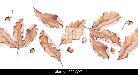 Fliegende Herbst-Eichenblätter in einem nahtlosen Rand. Isolierte Aquarellillustration für Bastel-Teeverpackungen, Restaurantmenüs, Scrapbooking, Drucke Stockfoto