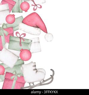 Neujahrsbanner mit Geschenken, Eislaufen, einem Weihnachtsmannhut mit Christbaumkugeln. Handgezeichnete Aquarellillustration, isoliert auf weißem Hintergrund Stockfoto