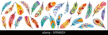 Ethnische einheimische, bohemische und native amerikanische Stammesvogel Federn, Boho Federaccessoire. Cartoon-dekorative Vogel Federn mit native amerikanischem Muster Stock Vektor