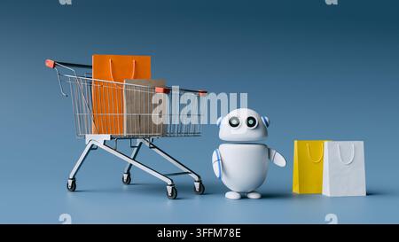 KI-Einkaufsroboter mit Wagen und Einkaufstüten. 3D-Rendering Stockfoto
