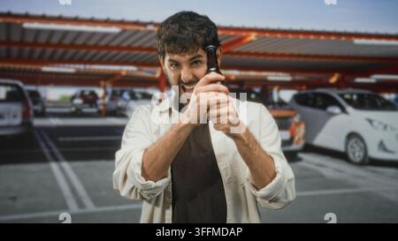 Hispanischer Mann mit Bart hält eine Bierflasche, Hände drehen den Verschluss in einem Gebäude-Parkplatz-Schild; verspielte Feier. Stockfoto