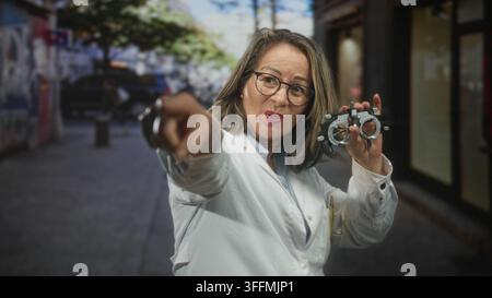 Hispanische Seniorin als Optikerin in weißem Kittel zeigt mit dem Finger auf die Kamera und hält eine Probepassung auf der Straße; Vertrauen in die Augenpflege. Stockfoto