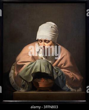 Eine junge Frau, die ihre Hände über einem Kohlebecken wärmt: Allegorie des Winters, 1644-1648, Cesar Boetius van Everdingen (1617-1678), Rijksmuseum, Amsterdam, Nethe Stockfoto