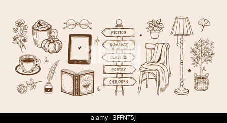 Gemütliche Outline-Sammlung mit Büchern, Kaffee, Bibliotheken, Cafés und Lesen als Thema. Ein Vintage-Set von Skizzenstil-Leseillustrationen, isoliert auf Beige. Vektorillustration Stock Vektor