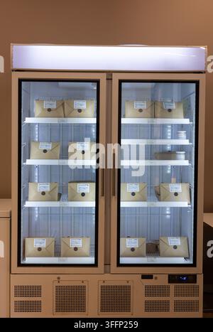 Gewerberekühlschrank, der einzelne Mahlzeitvorbereitungs-To-Go-Boxen auf den Regalen anzeigt Stockfoto