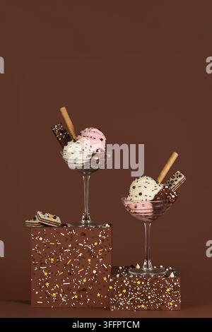 Schokoladen-, Vanille- und Kirsch-Eisdesserts mit Schlagsahne, Streuseln und Waffeldekorieren sitzen auf schokoladenbraunen, mit Streuseln bedeckten Podien Stockfoto