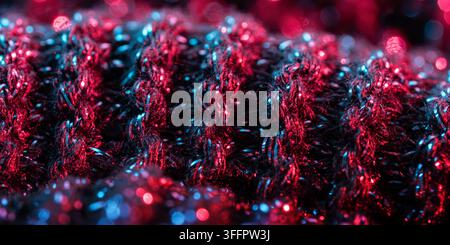 Extreme Makroaufnahme von dunklen gestrickten Textilfasern, die von lebhaftem rotem und zyanem Licht beleuchtet werden, wodurch eine dramatische abstrakte Textur mit weichem Bokeh und Rauschen entsteht Stockfoto