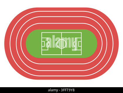 Flache Vektor-Oberansicht einer roten Laufbahn in Ovalform, die ein grünes Fußballfeld mit weißen Linienmarkierungen umgibt, ideal für Sport- und Athletikstadionkonzepte Stock Vektor