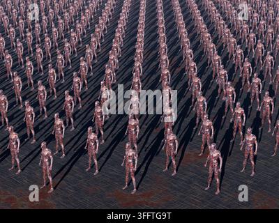 Eine Gruppe von Robotern, die in die gleiche Richtung schauen und aufgereiht sind Stockfoto