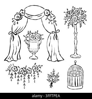 Elegantes handgezeichnetes Hochzeitsdekor-Set mit einem Bogen, Vorhängen, Blumenvase, Sträußen, Girlande und Vogelkäfig in schwarzer Linienkunst. Ideal für Einladungen Stock Vektor