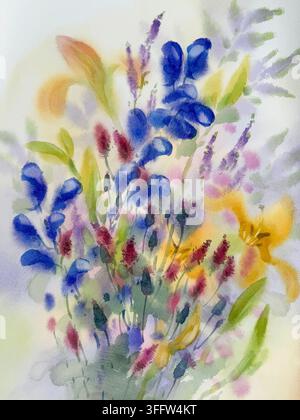 Farbenfrohes Sommerblumenbouquet auf Aquarellhintergrund Stockfoto