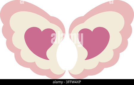 Flache Illustration von abgerundeten rosa und cremefarbenen Flügeln mit lila Herzformen in der Mitte jeder Seite Stock Vektor