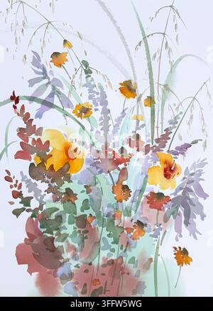 Farbenfrohes Sommerblumenbouquet auf Aquarellhintergrund Stockfoto