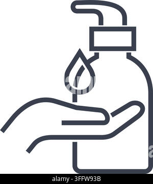 Desinfektionsmittel-Symbol mit Flasche, Geltropfen und Hand - Vektor-Piktogramm in dicker Linie Stock Vektor