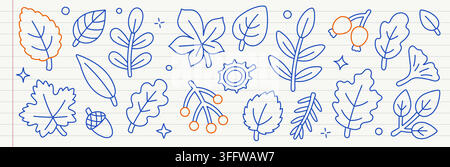 Herbstblätter-Linien-Ikonen-Set. Ahorn, Eiche, Ginkgo, Eukalyptus, Weide, Buche, Ulme, Magnolie und Ebereschen-Blatt linearer Doodle-Vektor-Illustration, Umriss Stock Vektor