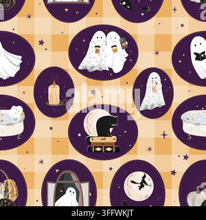Niedliche Halloween-Rahmen nahtloses Muster auf Gingham mit Herbstelementen und niedlichen Geistern im Lifestyle-Stil. Vektorillustration Stock Vektor