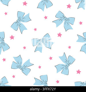 Nahtloses Muster mit handgezeichneten blauen Schleifen und rosa Sternen. Dekoratives Bandornament zur Verzierung von Geschenkpapier und Textilien. Festliche Hintergrundillustration für Geburtstage, Neujahr und Partys. Stock Vektor