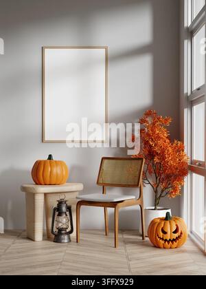 3D-Darstellung einer vertikalen Postermockup in einer Halloween-Wohnzimmerecke mit geschnitzter Kürbislaterne Stockfoto