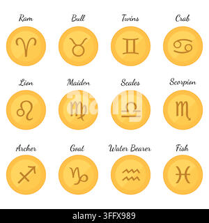 Gold-Zodiac-Münzen-Set mit Astrologie-Zeichen-Vektor-Horoskop-Konzept Stock Vektor