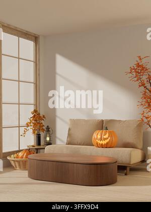 3D-Rendering einer leuchtenden geschnitzten Halloween-Kürbisse auf einem Sofa in einem gemütlichen Herbstwohnzimmer Stockfoto