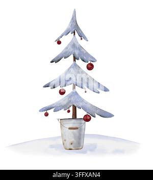Handgemalter Aquarelltannenbaum in einem grauen Metallkübel mit Holzgriff, dekoriert mit dunkelroten Kugeln und stehend auf einem weichen Schneefleck Stockfoto