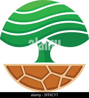 Vektorillustration eines Bonsai-Baums mit grünem, geschichtetem Laub und braunem, rissigem Erdboden als Basisdesign für ein umweltfreundliches Markenlogo-Symbol. Stock Vektor
