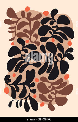 Abstraktes Blumendesign mit Blumen und Blättern in warmen neutralen Farben und einfachen organischen Formen. Stock Vektor