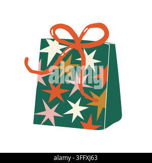Grüne Geschenktüte mit roter Schleife und buntem Sternmuster für Weihnachten und Feiertage Stock Vektor