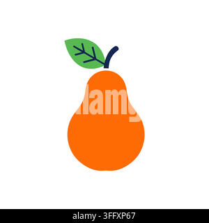 Minimalistische flache Design-Orange-Pfirsich-Fruchtillustration mit grünem Blatt isoliert auf weißem Hintergrund für Lebensmittelkonzepte Stock Vektor