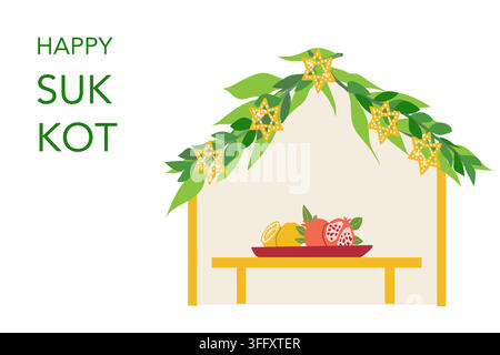 Sukkot-Grußkarte oder Banner mit dekorierter Sukka, Etrog, Lulav, Erntefrüchten und natürlichem Laub in hellen festlichen Kompositionen, flacher Minim Stock Vektor