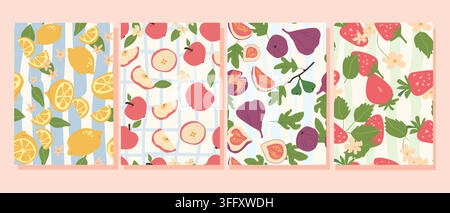 Handgezeichnetes abstraktes Obstmuster-Set. Feige, Apfel, Erdbeere und Zitrone auf Streifenhintergrund. Kann für Textilien, Cover-Design verwendet werden. Stock Vektor