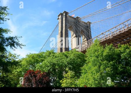 Brooklyn, NY, USA - 26. Juni 2019: Blick auf die Brooklyn Bridge Stockfoto