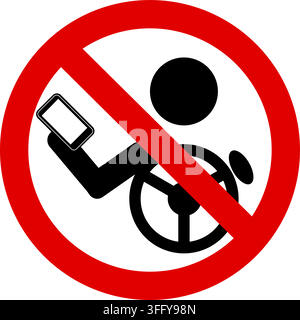 Verwenden Sie während der Fahrt kein Telefon, Verbotsschild mit Silhouette eines Fahrers mit einem Smartphone in der Hand. Stock Vektor