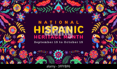 Nationales Banner zum hispanischen Erbe-Monat mit tropischen Blumen in Huichol-Volklore. Gruß zum hispanischen Erbe-Monat mit Muster aus bunten Blumen Mexikos oder lateinamerikanischer ethnischer Feste Stock Vektor