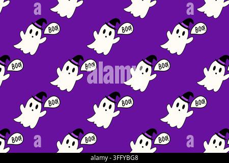 Niedlicher Geist, der auf lila Hintergrund ‚Buh‘ sagt. Halloween-Hintergründe, Social-Media-Vorlagen, Party-Einladungen und Verpackungsdesign. Stockfoto