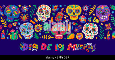 Mexikanisches Banner für den Tag der Toten und den Dia de Los Muertos mit Zuckerschädeln. Grußkarte zum Tag der Toten mit mexikanischem Ornament von Calavera-Schädeln mit Blumen, Tequila und Kaktus mit Kerzen Stock Vektor