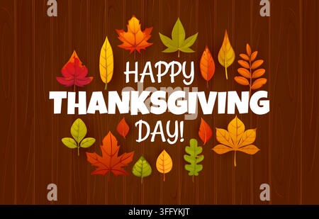 Fröhliches Thanksgiving-Day-Banner auf Holzuntergrund mit Herbstblättern. Glückwunschkarte zum Erntedankfest für die Herbstsaison mit leuchtenden Blättern von Ahorn, Eiche mit Birke und Kastanienbaumlaub Stock Vektor