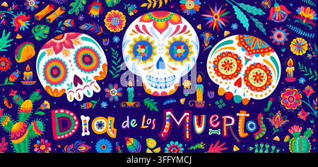 Banner zum Tag der Toten und zum mexikanischen Día de los Muertos mit Calavera-Schädeln. Mexikanisches farbenfrohes Ornament aus Calavera-Schädeln und Huichol-Volkskunstblumen und -Kakteen für einen Tag-der-Toten-Gruß Stock Vektor