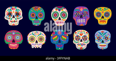 Mexikanische Calavera-Zuckerschädel, Tag der Toten-Dekorationen mit Ringelblumen und bunten Mustern. Cartoon-Vektordesigns zeigen traditionelle Zuckerschädel-Ästhetik mit mexikanischen Festivalsymbolen Stock Vektor