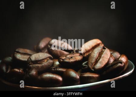 Haufen frisch gerösteter Kaffeebohnen auf einem Löffel vor dunklem Hintergrund Stockfoto