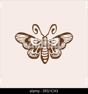 Vektorillustration eines Schmetterlings. Braune Linienkunst, ein monochromes mottenartiges Insekt im Retro-Stil. Ein einfaches Schmetterlingsdesign, das für ein Tattoo, ein Logo oder ein Symbol geeignet ist. Stock Vektor