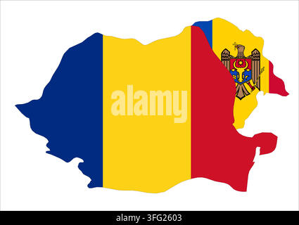 Umrisskarte von Rumänien und Moldawien. Flaggen der Länder füllen die Umrisse mit ihren Farben. Symbol für regionale Zusammenarbeit, Identität und Partnerschaft Stock Vektor
