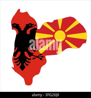 Flaggenkartenumriss von Albanien und Nordmazedonien. Flaggen der Länder füllen die Formen mit ihren Farben. Symbol für regionale Zusammenarbeit, Identität und Partnerschaft Stock Vektor